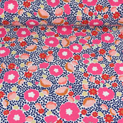 Dekostoff Blumen, pink aprikot dunkelblau weiss