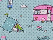 Dekostoff Happy Camping, rosa hellblau
