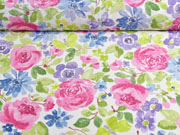 Dekostoff groe Blumen, rosa blau wei
