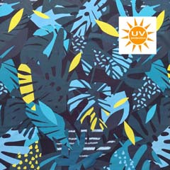 Badelycra Badeanzugstoff Funktionsjersey tropische Blätter, blau gelb dunkelblau