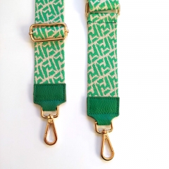 Taschengurt Taschenriemen abstraktes Muster 5 cm breit, ecrue grün, grünes Leder,goldene Schnallen