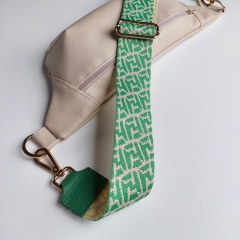Taschengurt Taschenriemen abstraktes Muster 5 cm breit, ecrue grün, grünes Leder,goldene Schnallen