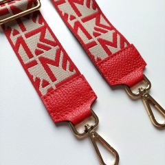 Taschengurt Taschenriemenabstraktes M-Muster- rot ecrue - rote Lederenden- gold Schnallen