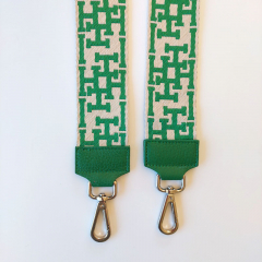 Taschengurt Taschenriemen abstraktes Muster HH, grün ecrue,grünes Leder, silber Schnallen
