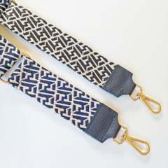 Taschengurt Taschenriemen abstraktes Muster -ecrue dunkelblau-dunkelblaues Leder,goldene Schnallen