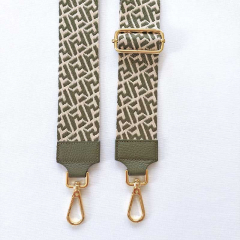 Taschengurt Taschenriemen abstraktes Muster 5 cm breit, ecrue armygrn, armygrnes Leder,gold Schnallen