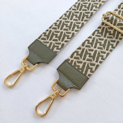Taschengurt Taschenriemen abstraktes Muster 5 cm breit, ecrue armygrün, armygrünes Leder,gold Schnallen
