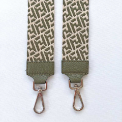 Taschengurt Taschenriemen abstraktes Muster 5 cm breit, ecrue armygrün, armygrünes Leder,silber Schnallen