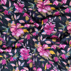Viskosejersey Stoff Blumen, pink schwarz