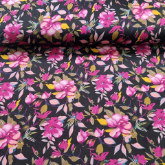 Viskosejersey Stoff Blumen, pink schwarz