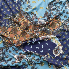 Viskosejersey Stoff Paisley Blumen gemustert, hellbraun dunkelblau