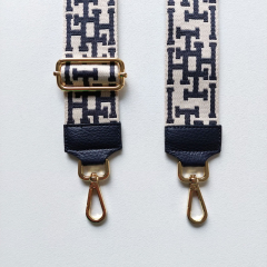 Taschengurt Taschenriemen HH-Muster, dunkelblau ecrue-dunkelblaues Lederenden-gold Schnallen