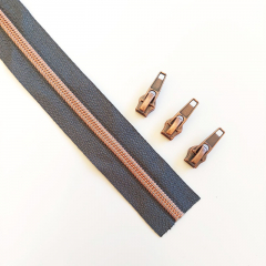 1 m Reiverschluss metallisiert KUPFER 6,5 mm Spirale + 3 Schieber, anthrazit