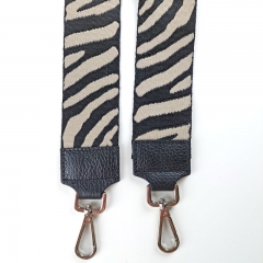 Taschengurt Taschenriemen Zebra Muster,schwarz ecrue,schwarzes Leder, silber