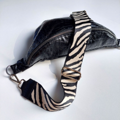 Taschengurt Taschenriemen Zebra Muster,schwarz ecrue,schwarzes Leder, silber