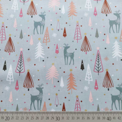 Baumwollstoff Popelin Rehe Tannenbume, grau