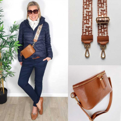 Taschengurt Taschenriemen HH-Muster, cremewei Havanna Braun - gold Schnallen