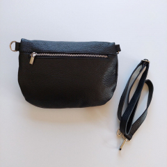 Bauchtasche Leder mit Lederriemen - schwarz-silber Schnallen-Made in Italy