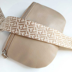 Bauchtasche Leder mit Lederriemen - Beige -silber Schnallen-Made in Italy