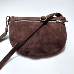 Bauchtasche Wildleder mit Lederriemen - Dunkelbraun -silber Schnallen-Made in Italy