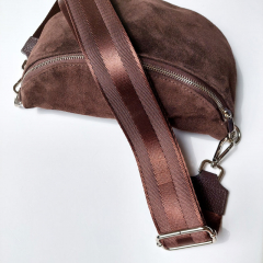 Bauchtasche Wildleder mit Lederriemen - Dunkelbraun -silber Schnallen-Made in Italy
