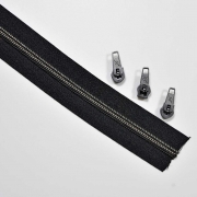 endlos Reißverschluss metallisiert GUNMETAL 3 mm Spirale + 3 Schieber, schwarz