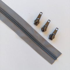 1 m Reißverschluss metallisiert GUNMETAL 6,5 mm Spirale + 3 Schieber, mittelgrau