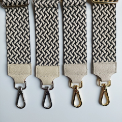 Taschengurt Taschenriemen Webmuster Weave - hellbeige schwarz -hellbeiges Leder- silber Schnallen
