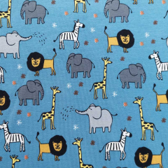 Jerseystoff Zootiere Elefanten Lwen Giraffen, jeansblau