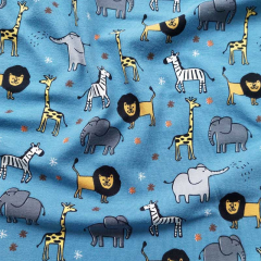 Jerseystoff Zootiere Elefanten Lwen Giraffen, jeansblau
