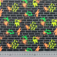 Jerseystoff Mauer Graffiti Neonfarben, schwarz
