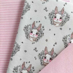 STOFFPAKET Jerseystoff Hasengesichter Streifen, rosa grau