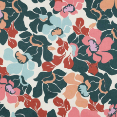 Baumwollstoff seidig glatt abstrakte Blumen, hellblau terracotta pertol wei