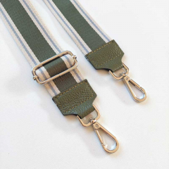 Taschengurt Streifen ecrue blaugrau armygrn - armygrnes Leder- silber Schnallen