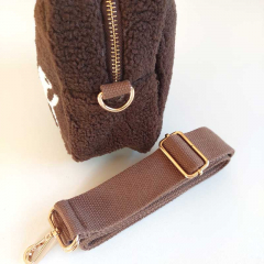 Tasche Retrolook SMILE Teddyboucle - wei dunkelbraun - gold Schnallen