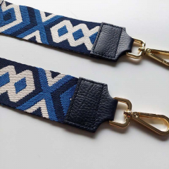 Taschengurt Taschenriemen Rauten Ethnomuster, kobalt blau creme - blaues Leder - gold Schnallen