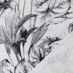 Viskose Leinen Webware Blumen Bltter, schwarz auf natur