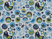 Jersey Vögel & Blumen, dunkelblau/hellgrau melange