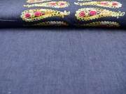 Jeansstoff Bordüre Paisley Stickerei, gelb dunkelblau