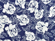 RESTSTCK 109 cm Stretchjeansstoff Blumen, wei auf dunkelblau