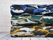 Strickstoff Camouflage angeraut, ockergelb grau