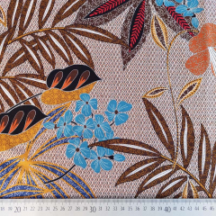 Baumwollsatin Baumwollstoff mit Stretch tropische Bltter, mittelblau hellblau dunkelbraun