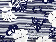 Viskosejersey Blumen Streifen, dunkelblau weiß