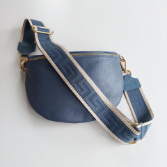 Taschengurt grafisches Muster -ecrue jeansblau, jeansblau Leder,gold Schnallen