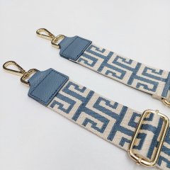 Taschengurt Taschenriemen Labyrinth Muster, ecrue jeansblau - jeansblaue Lederenden -goldene Schnallen