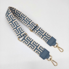 Taschengurt Taschenriemen Labyrinth Muster, ecrue jeansblau - jeansblaue Lederenden -goldene Schnallen