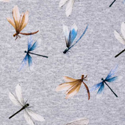 Jerseystoff Libellen, blau beige grau meliert