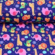 Softshellstoff Elefanten Lwen Krokodile, bunt dunkelblau