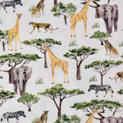 Jerseystoff Elefanten Giraffen Bäume Digitaldruck, grau ocker wollweiß