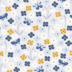 Jerseystoff kleine Blumen Schmetterlinge, ockergelb jeansblau hellgrau